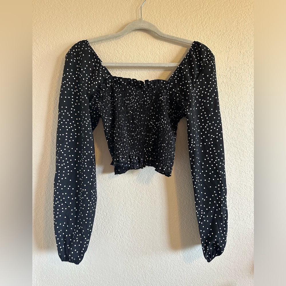 Off the Shoulder Long Sleeve Black and White Dotted Top